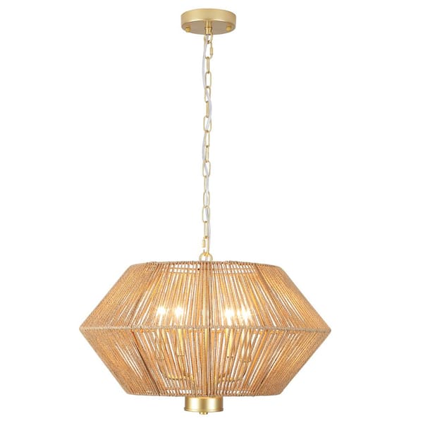 4-Light Gold Drum Hanging Linear Chandelier Lighting with Paper Rattan Shaded for Kitchen Island
