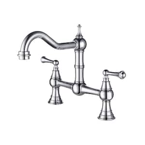 Double Handle Bridge Faucet Kitchen 2 Holes 8.85 in. Solid Brass Widespread with Traditional Handles in Chrome