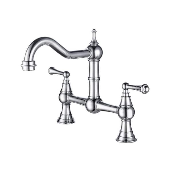 Lukvuzo Double Handle Bridge Faucet Kitchen 2 Holes 8.85 in. Solid Brass Widespread with Traditional Handles in Chrome
