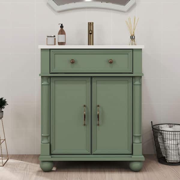 28 in. Single Sink Freestanding Green Bath Vanity with White Ceramic Top, Adjustable Shelf, Flip-top Drawer