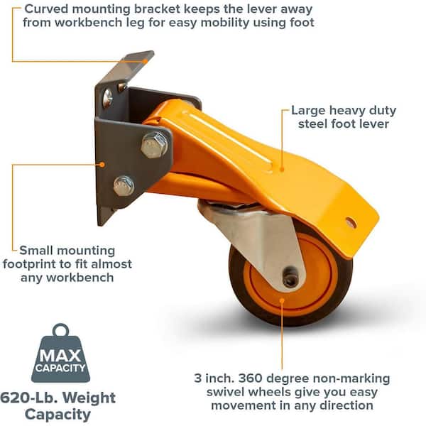 WEN Retractable Workbench Casters, 2.5-Inch Diameter Wheels