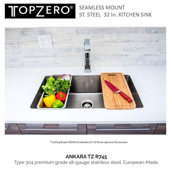 TopZero Undermount Stainless Steel 32 in. Single Bowl Kitchen Sink