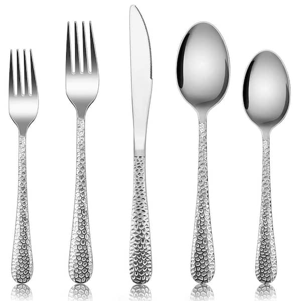 40-Piece Silver Hammered Stainless Steel Flatware Cutlery Set Mirror Polished Dishwasher Safe (Service 8)