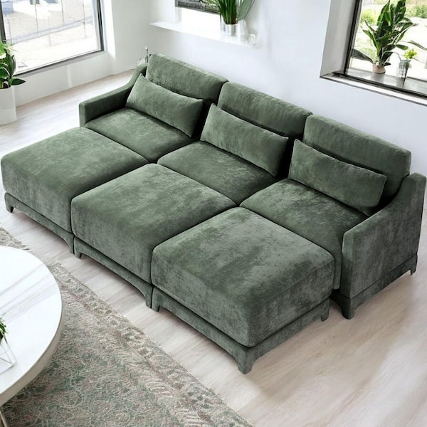 XSSZMY 61 in. Straight Arm 6-Piece Chenille Modular Sectional Sofa w/Comfort and 3-Seater and 3 Ottomans in Forest Green
