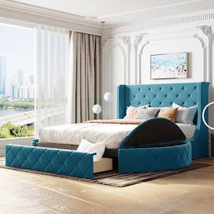 Blue Wood Frame Queen Upholstered Platform Bed with Wingback Headboard, 2-Side Storage Stool and 1-Big Drawer