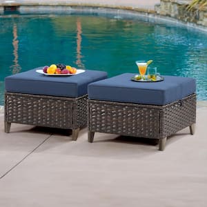 Wicker Outdoor Patio Ottoman with Deep Blue Cushions (Set of 2)