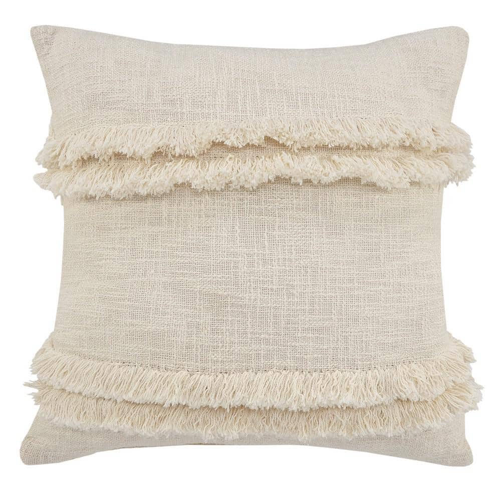 Beverly Cream Fringed Solid Soft Poly-fill 20 in. x 20 in. Indoor Throw Pil