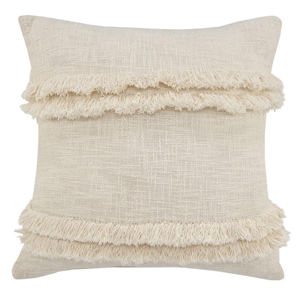 Unbranded Beverly Cream Fringed Solid Soft Poly-fill 20 in. x 20 in. Indoor Throw Pillow