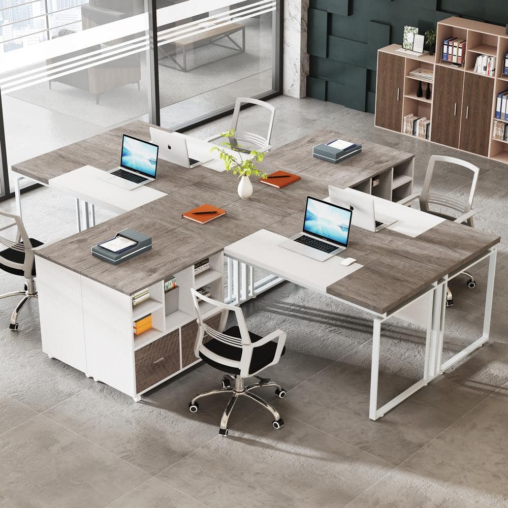 Tribesigns 63" Gray and White L-Shaped Executive Desk with Reversible File Cabinet