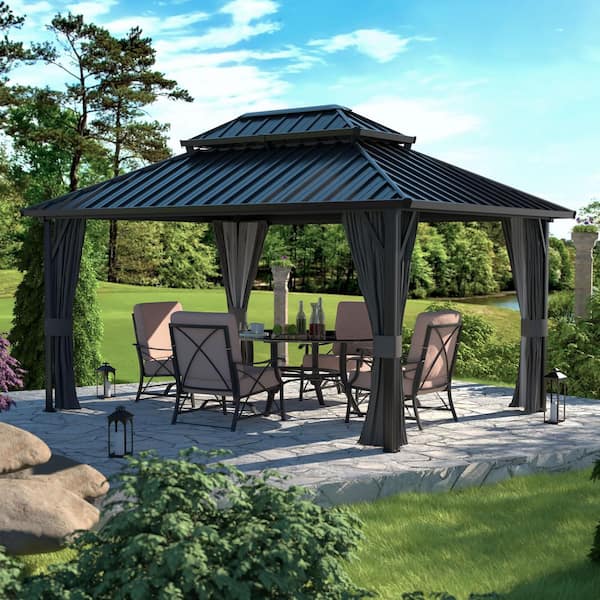 VEIKOUS 16 ft. x 12 ft. Aluminum Double Hardtop Gazebo with Grey Curtains and Netting