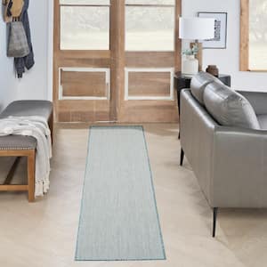 Courtyard Ivory/Aqua 2 ft. x 10 ft. Runner Solid Geometric Contemporary Indoor/Outdoor Area Rug