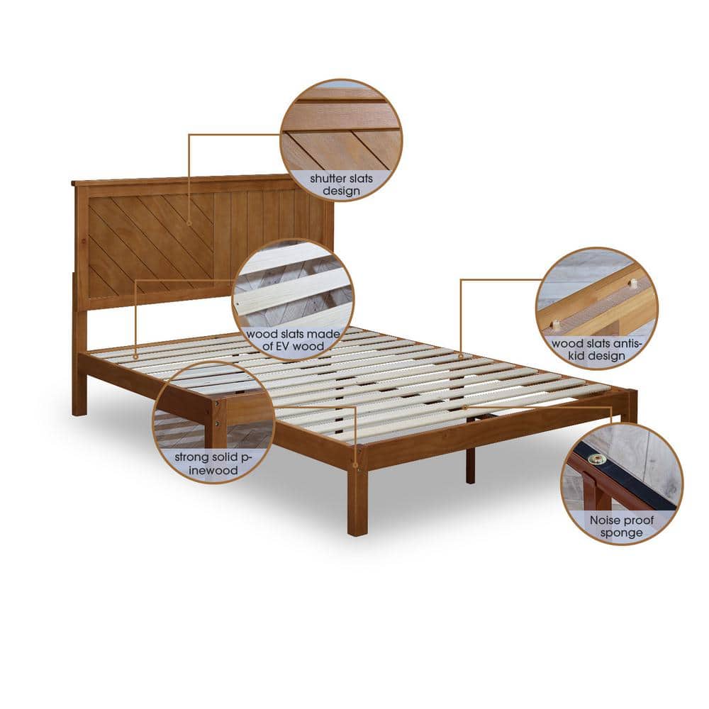Rustic Pine Finish Solid Wood Queen Platform Bed with Headboard