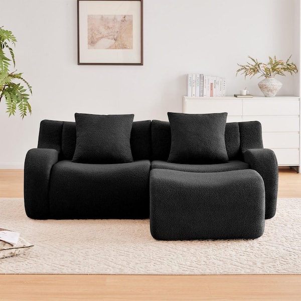 83 in. Modern Teddy Fabric Curved Armrest 3-Piece L-Shaped Sectional Sofa with Moveable Ottoman in Black