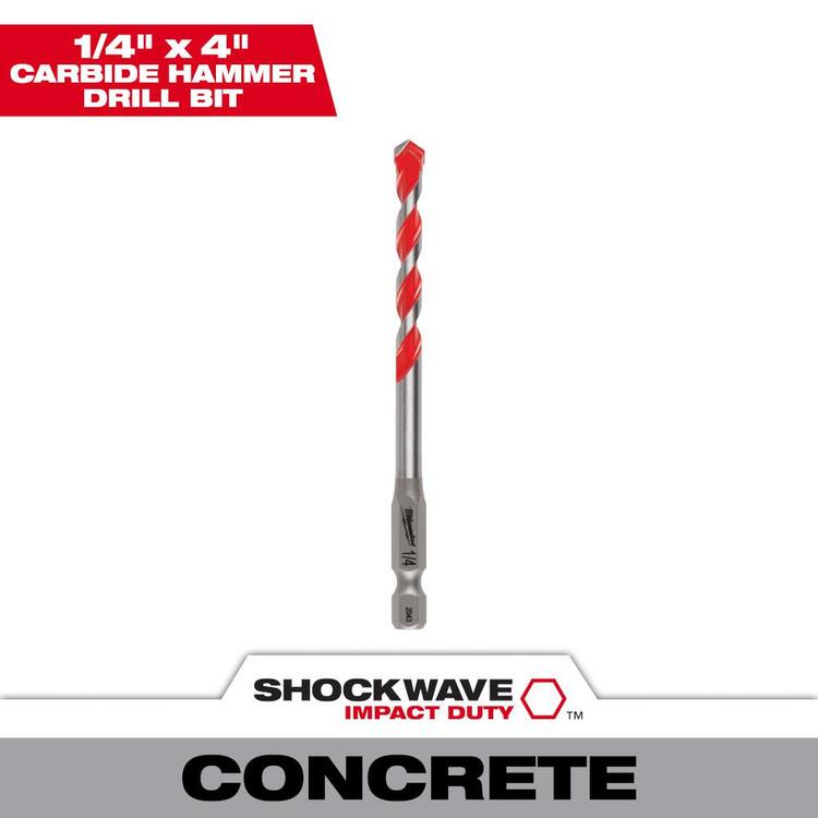 Milwaukee 1/4 in. x 2 in. x 4 in. SHOCKWAVE Carbide Hammer Drill Bit for Concrete, Stone, Masonry Drilling