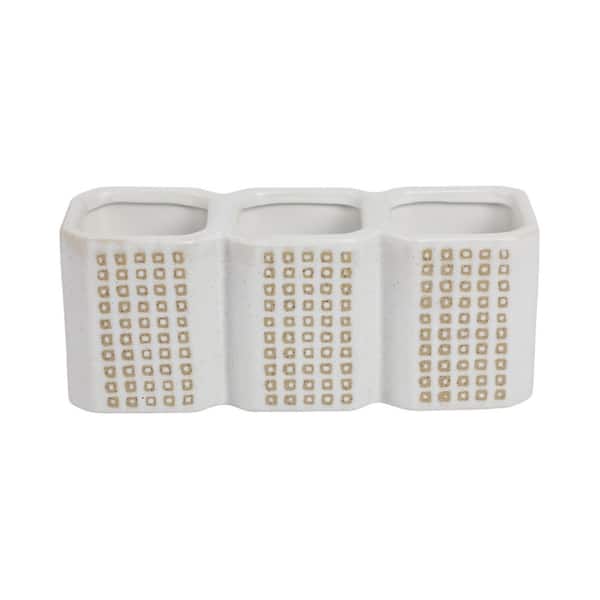 4 in. Ivory Ceramic Decorative Storage Organizer with Geometric Textured Design