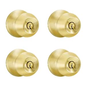 Polished Brass Entry Door Knob with 8 KW1 Keys Keyed Alike (4-Pack)