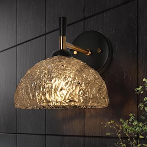 Transitional Bathroom Wall Sconce 1-Light Black and Brass Wall Light with Textured Glass Shade