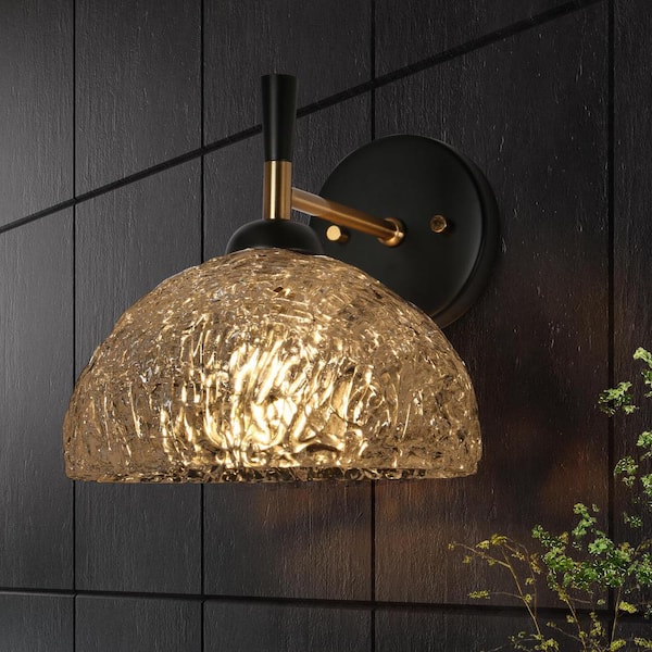 Uolfin Transitional Bathroom Wall Sconce 1-Light Black and Brass Wall Light with Textured Glass Shade