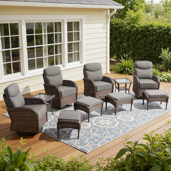 Luna Brown 10-Piece Wicker Swivel Gliders Patio Conversation Set with 6 in. Gray Cushions and Ottomans