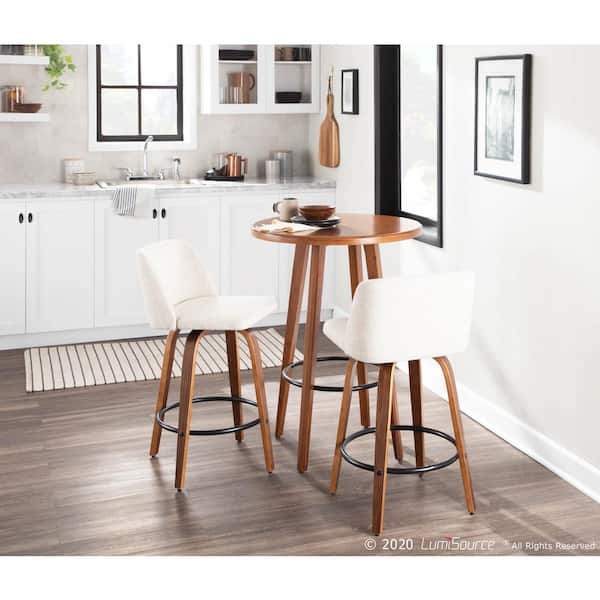 Toriano 26 in. Walnut and Cream Fabric Counter Stool with Round Black Footrest (Set of 2)