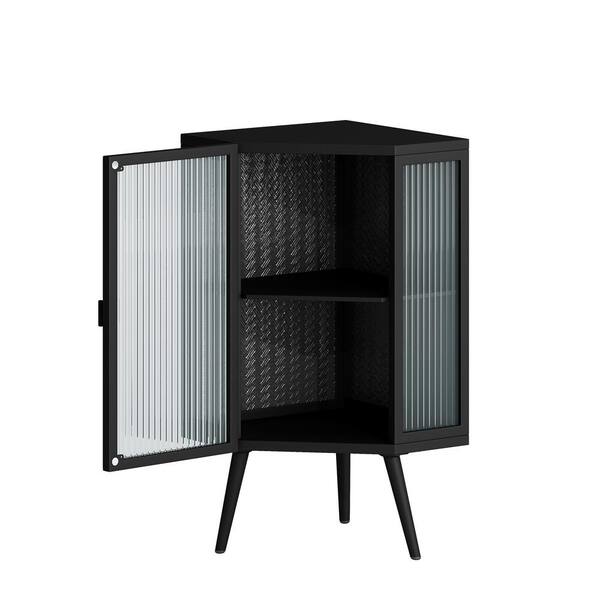 FUNKOL 22 in.L x 16 in.W x 32 in. H Black Ready to Assemble Floor Coner Cabinet with Tempered Glass Door and Storage Shelves
