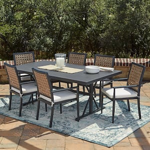 Bristol Caning 7-Piece Aluminum Frame Resin Wicker Outdoor Dining Set with Linen Cushions