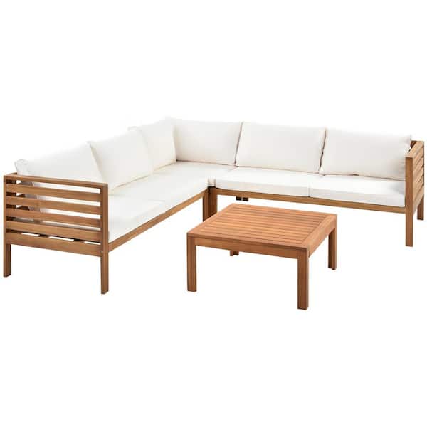 Unbranded Acacia Wooden Outdoor Garden Sectional Sofa Set for Patio, with Coffee Table, Beige Cushions