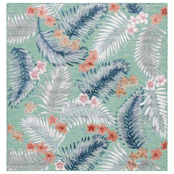 Cabana Green/Navy 6 ft. x 6 ft. High-Low Botanical Floral Indoor/Outdoor Square Area Rug