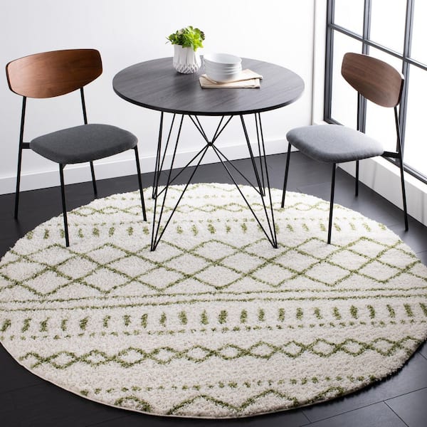 Arizona Shag Ivory/Green 3 ft. x 3 ft. Geometric Lodge Round Area Rug