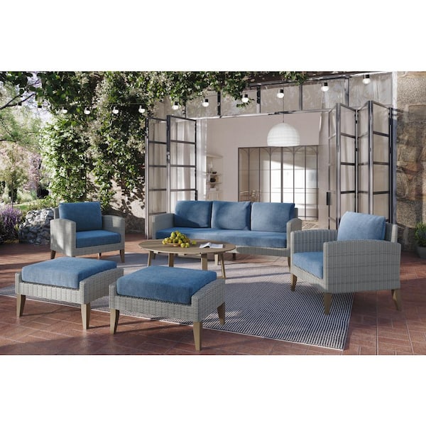 NEW CLASSIC HOME FURNISHINGS New Classic Furniture Carezza 6-Piece Wicker Patio Conversation Sofa Set with Blue Cushions