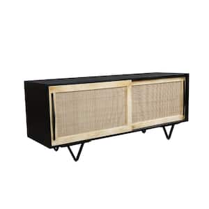 Natural Brown And Matte Black Finish Handcrafted TV Media Console Fits TVs up to 58 in. with Rattan Sliding Doors