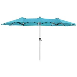 13 ft. x 7.2 ft. Steel Solar-Powered Double-Sided Market Patio Umbrella with Canopy Outdoor Table Umbrella in Lake Blue