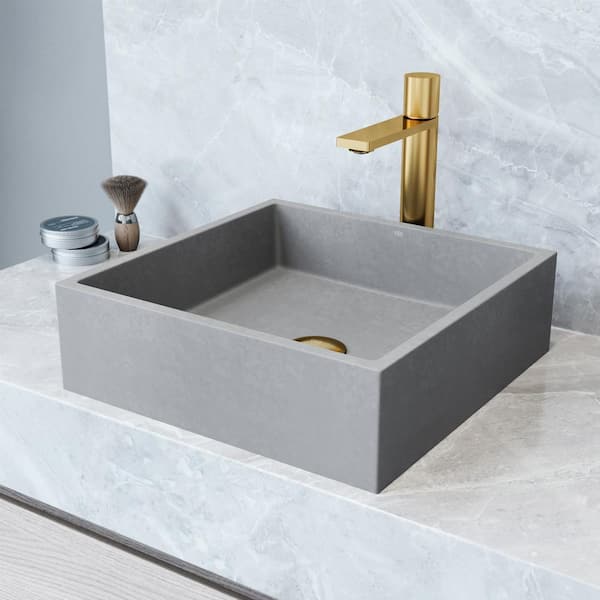 VIGO Alhambra Gray Concreto Stone Square Bathroom Vessel Sink with Gotham Faucet and Pop-Up Drain in Matte Brushed Gold