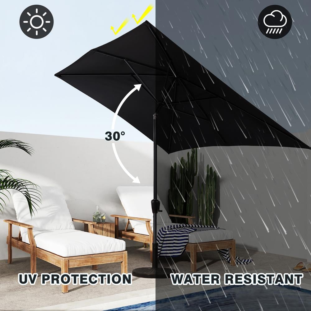Black Rectangular Steel Market Patio Umbrella with Crank Lift and Push-Button Tilt