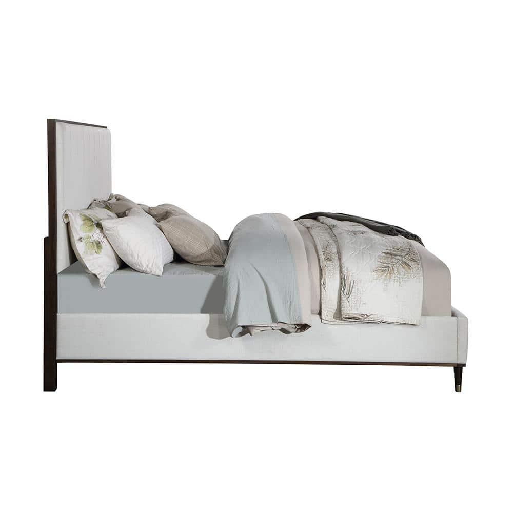 Light Gray and Brown Upholstered Queen Bed with Tufted Headboard and Storage Drawer
