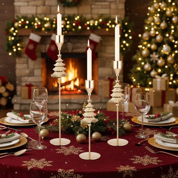 Gold Metal Christmas Tree Taper Candlestick 6 Pieces (3 Sizes