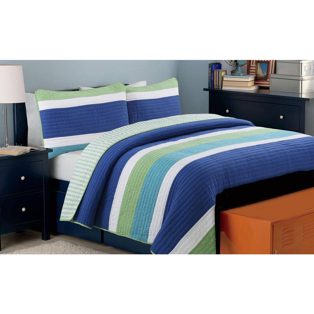 Twin Blue Cotton Reversible Patchwork Quilt Set