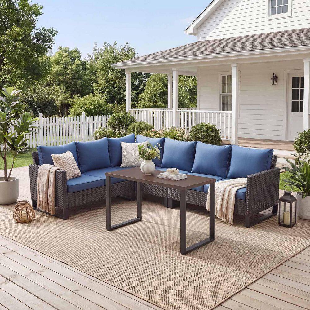 4-Piece Brown Wicker Patio Conversation Set with Olefin Blue Cushions and Sectionsal Sofa/ Metal Coffee Table price history on PriceWatchPro