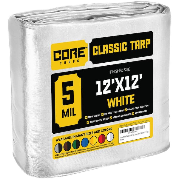 CORE TARPS 12 ft. x 12 ft. White 5 Mil Heavy Duty Polyethylene Tarp, Waterproof, UV Resistant, Rip and Tear Proof