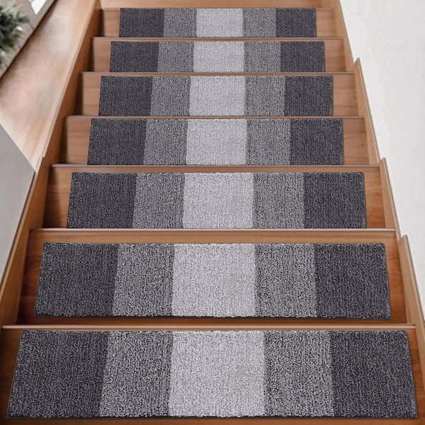 Grey [8 in. x 30 in.] Polyester Stair Tread Cover Set of 15, Non-Slip Indoor Stair Runners for Wooden Steps