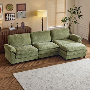 Double-Layer Cushion's Collection 120 in Wide Pillow Top Arm Chenille L-shaped Modern Sofa in. Green with Ottoman