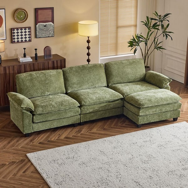 Karl home Double-Layer Cushion's Collection 120 in Wide Pillow Top Arm Chenille L-shaped Modern Sofa in. Green with Ottoman