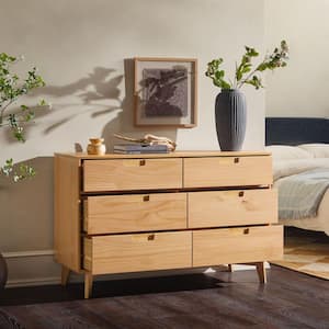 Sloane Natural Pine 6-Drawer Wood Mid-Century Modern Solid Wood 52 in. Dresser