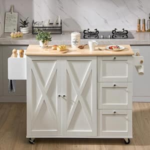 Kitchen Island Cart Natural Wood Top 45.3 in. Width Mobile Carts with Storage Cabinet Rolling Kitchen Carts, White