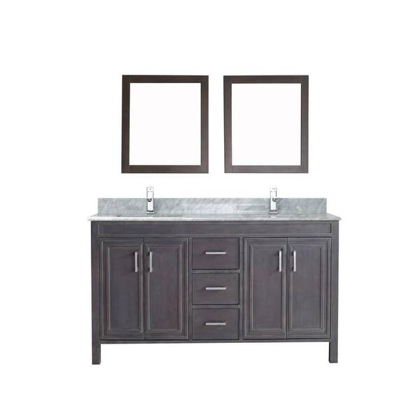 ART BATHE Dawlish 60 in. Vanity in French Gray with Marble Vanity Top in Carrara White and Mirror