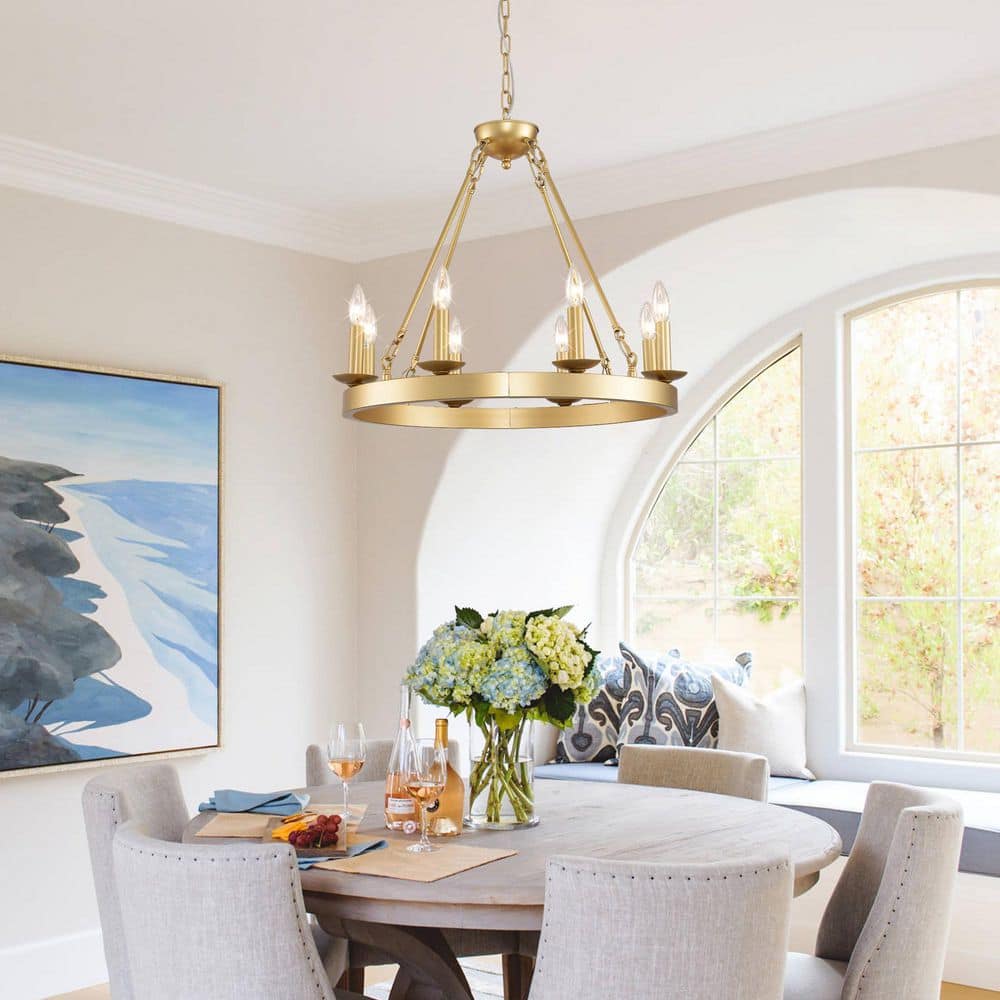 Morgal ll 8-Light 23 in. Gold Modern Wagon Wheel Chandelier for Dining Room with No Bulbs Included price history on PriceWatchPro
