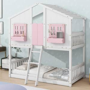 Pink and White Twin Over Twin House Bunk Bed with Roof, Window, Window Box, Door and Ladder