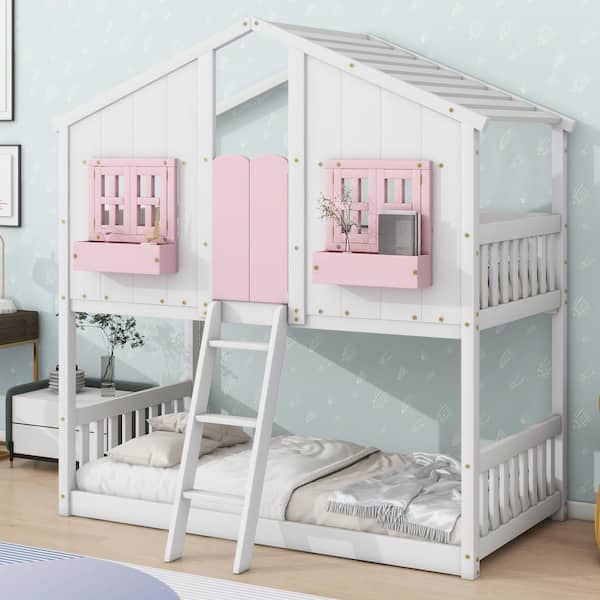 Harper & Bright Designs Pink and White Twin Over Twin House Bunk Bed with Roof, Window, Window Box, Door and Ladder