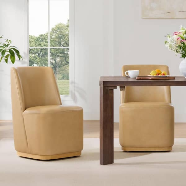 Oberon Sand Leather Modern Dining Chairs with Casters Base and Solid Wood Frame for Kitchen and Dining Room (Set of 2)