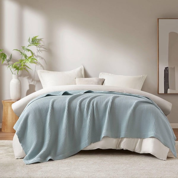Waffle Weave Aqua Cotton King Woven Blanket